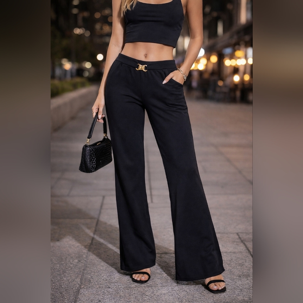 Black Flare Pants XL Pull On Stretch Gold Hardware Strap Going Out Office Wear